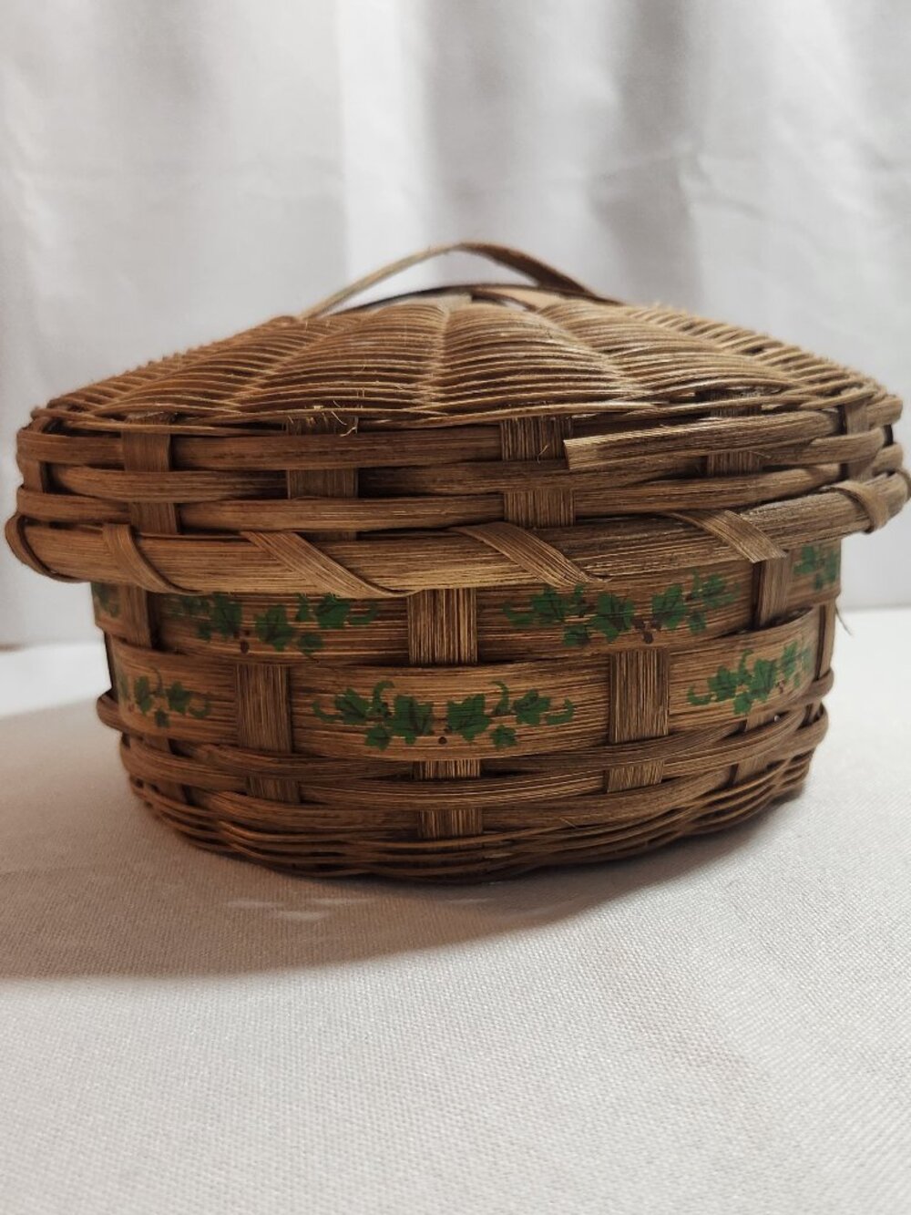 Vintage Signed Wood Splint Sewing Basket Lidded 1999 Carol Sandhammer Folk Art